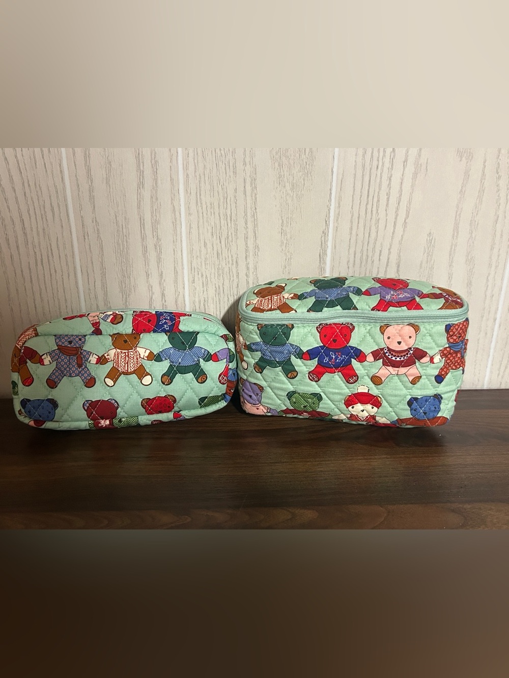 Vintage Quilted Teddy Bear Cosmetic Makeup Bags Set of 2 Mint Green